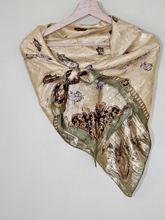 Unbranded Accessories - Unbranded Silk Scarf Womens 31 x 32 Inches Multicolor Gold Floral Feathers Print